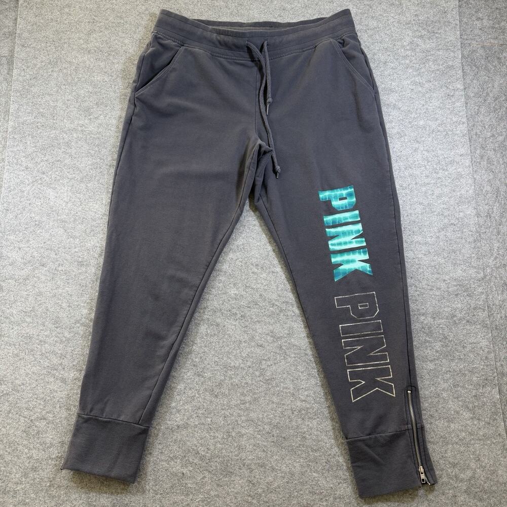PINK Victoria's Secret Logo Joggers Womens L Gray Ankle Zip Spellout Drawstring